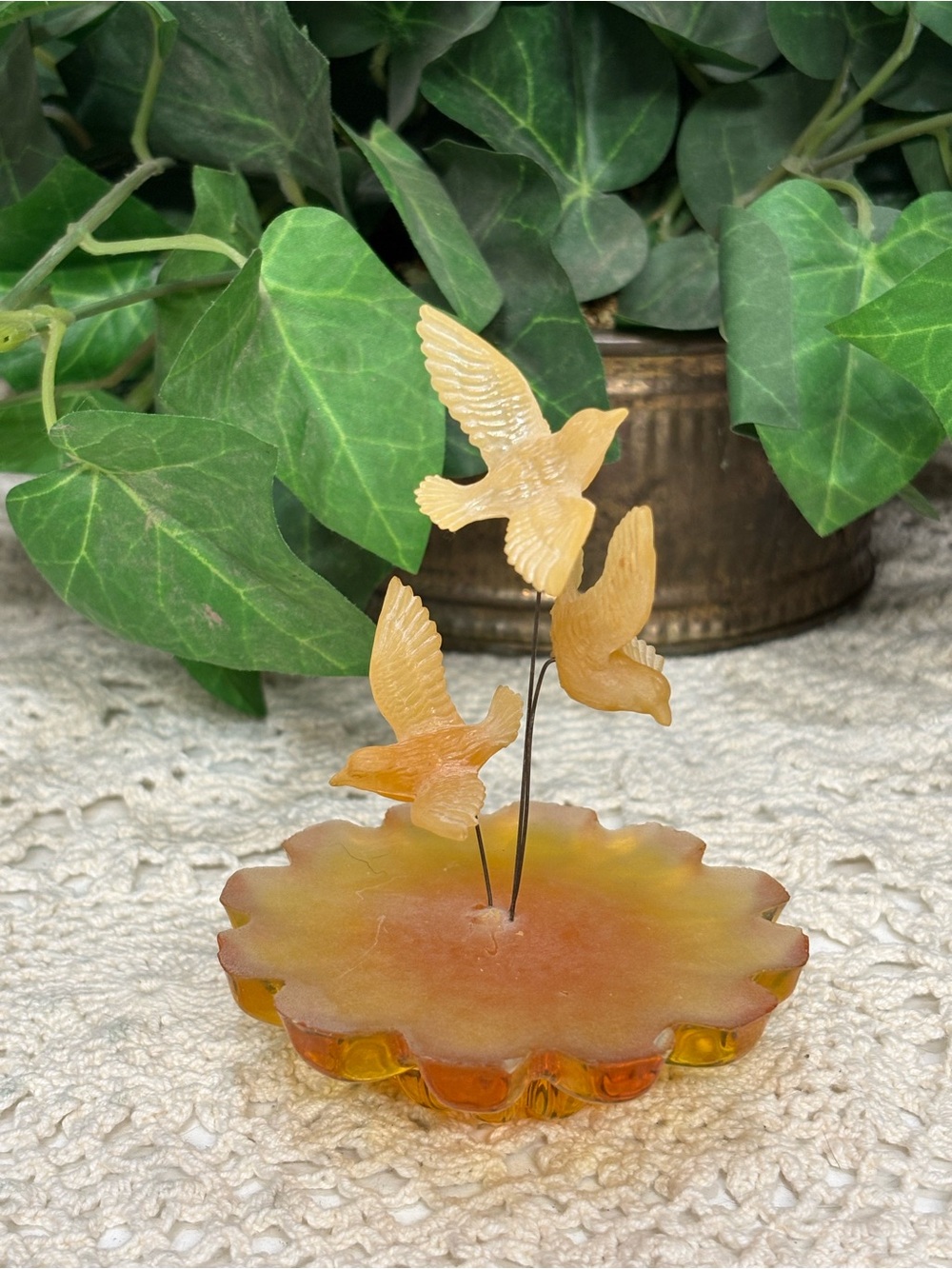 Amber Yellow Glass Bird Figurine Frosted Flower Base 3D Effect